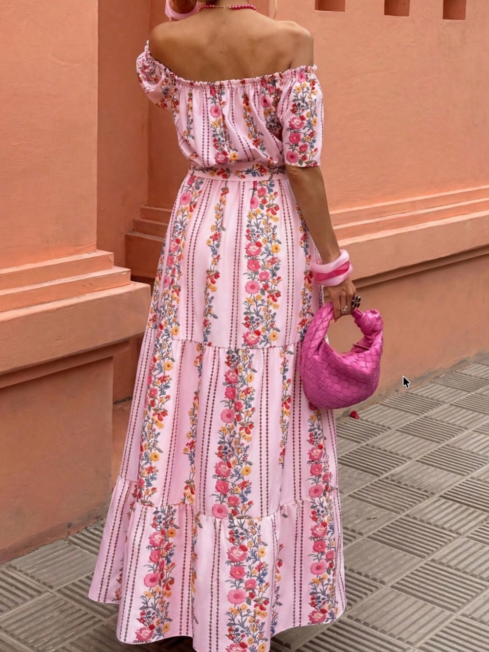 Boho Floral print Off Shoulder Belted Ruffle Hem Maxi Dress - Picture 4 of 5